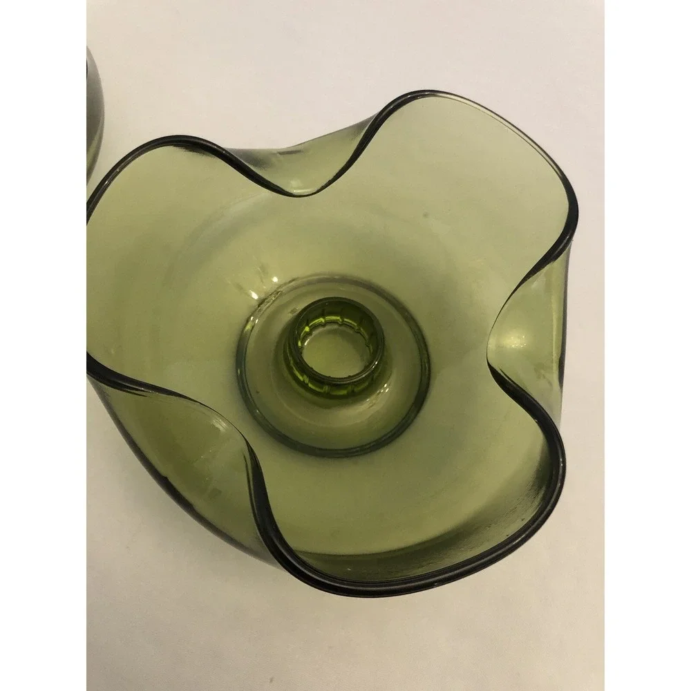 2 Vintage Avocado Green Art Ruffled Wavy‎ Glass Bowl Dish Taper Candle Holders